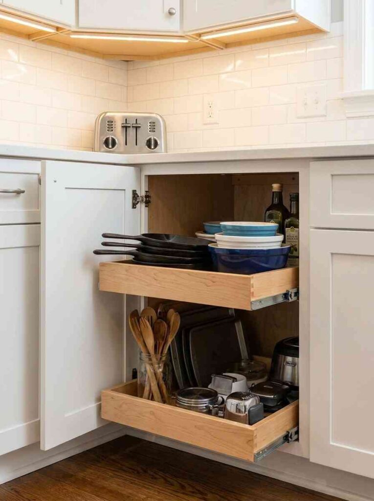 A small kitchen corner base cabinet with a pull-out sliding tray system fully extended outward,