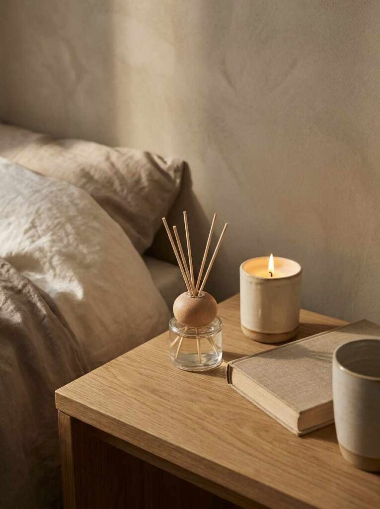 A cozy detail shot of a neutral bedroom nightstand styled with a cream ceramic soy wax candle