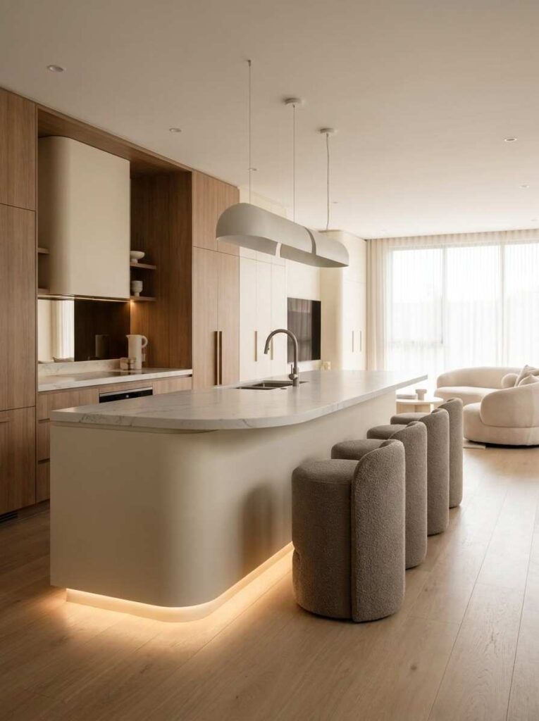 Kitchen Design Ideas 2026 Stunning contemporary luxury kitchen with a large curved island.