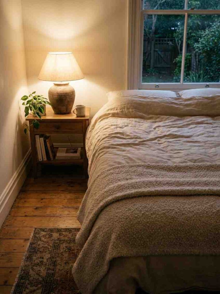 21 Small Bedroom Ideas 2026 Cozy small bedroom ideas 2026 with boucle throw and warm lamp