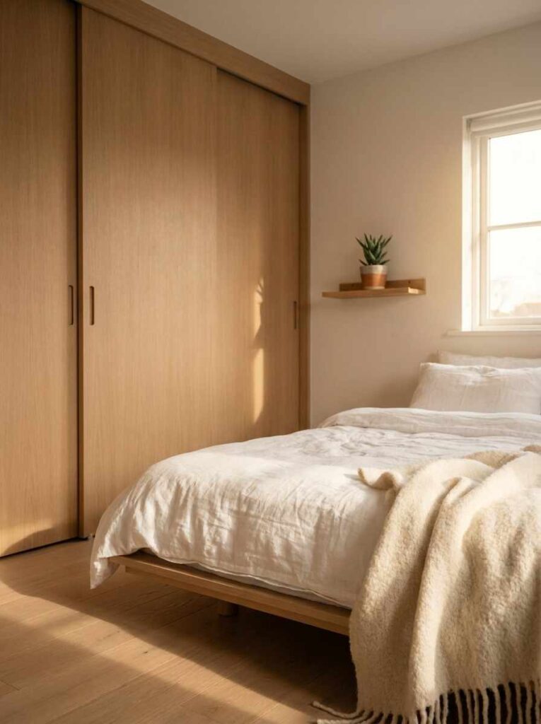 21 Small Bedroom Ideas 2026 Small bedroom ideas with wardrobes: sliding oak wardrobe wall with low platform bed