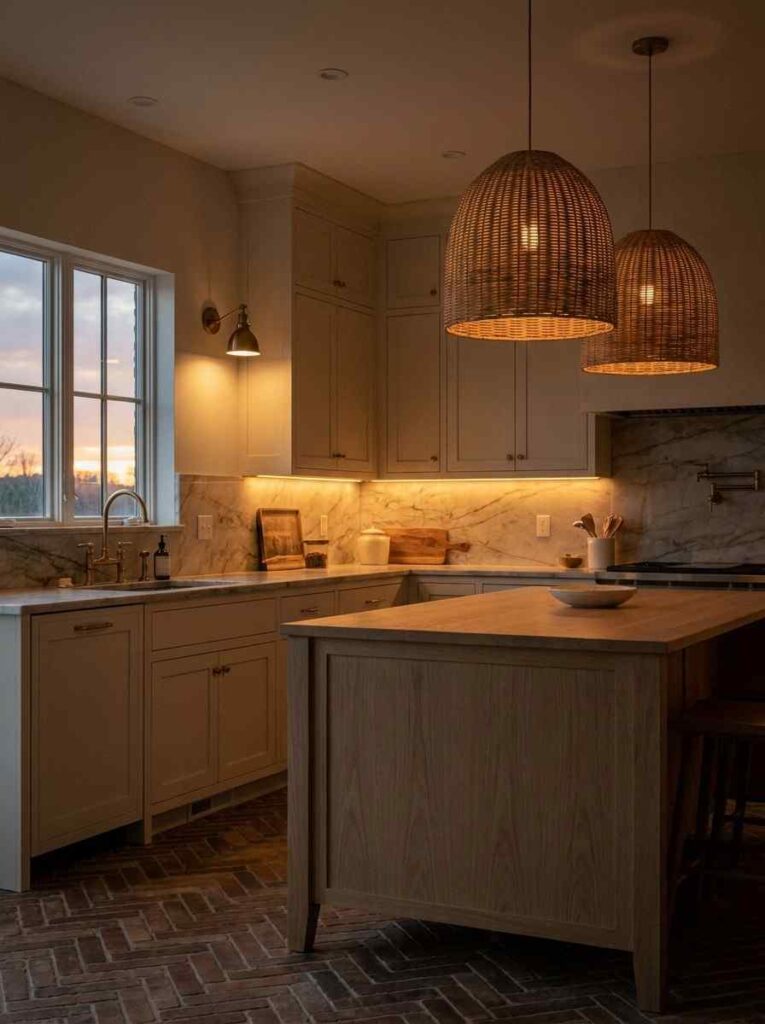 A warm cozy kitchen at dusk with three layers of lighting