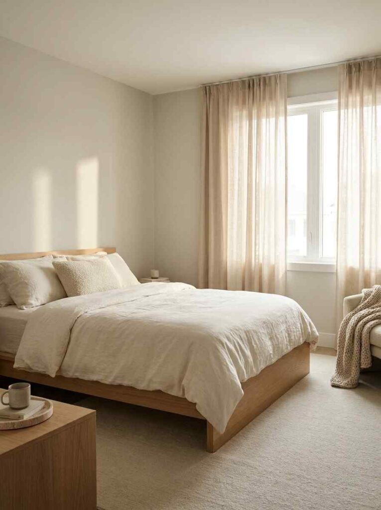 A cozy master bedroom with Benjamin Moore Edgecomb Gray 