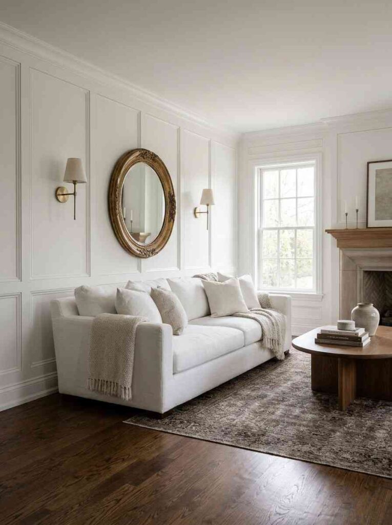  Elegant living room with white shaker style wall paneling from floor to ceiling,