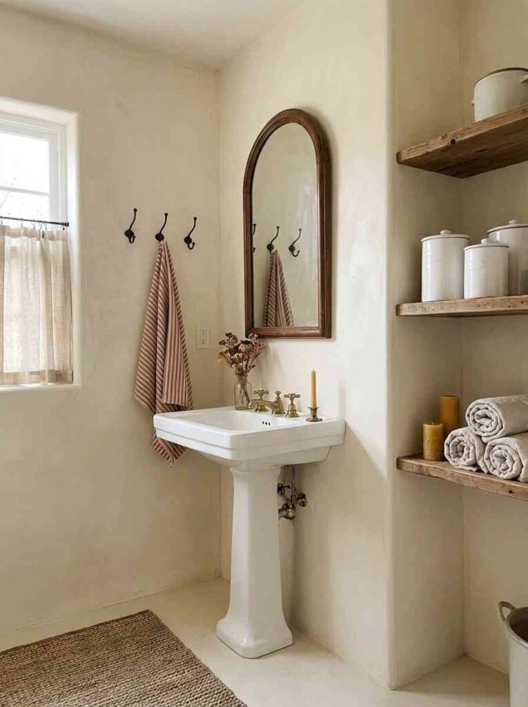 20 Bathroom Ideas 2026 A warm farmhouse-style bathroom with limewash plaster walls in a creamy ivory tone