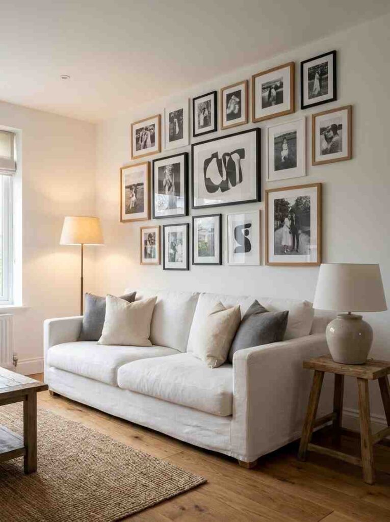 White living room wall featuring a curated gallery wall mix of black and white photography and abstract art in varied frame sizes, 