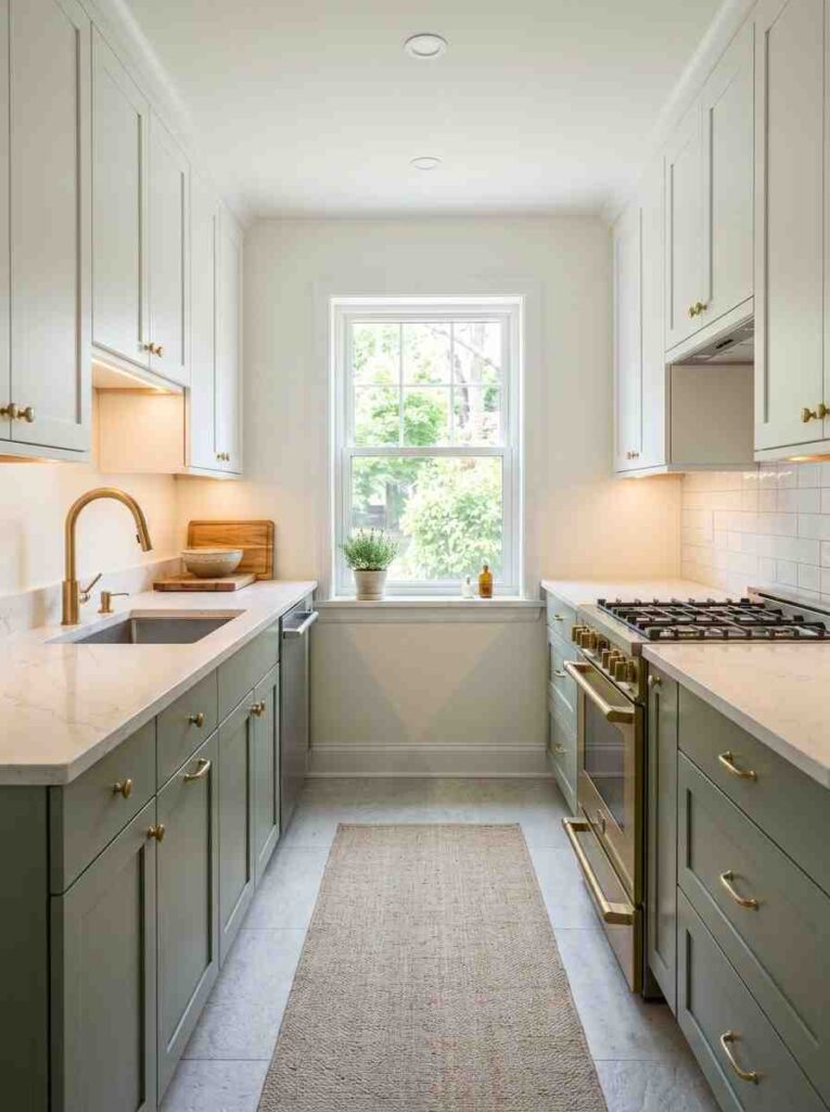 A narrow galley kitchen with two parallel rows of cabinets,