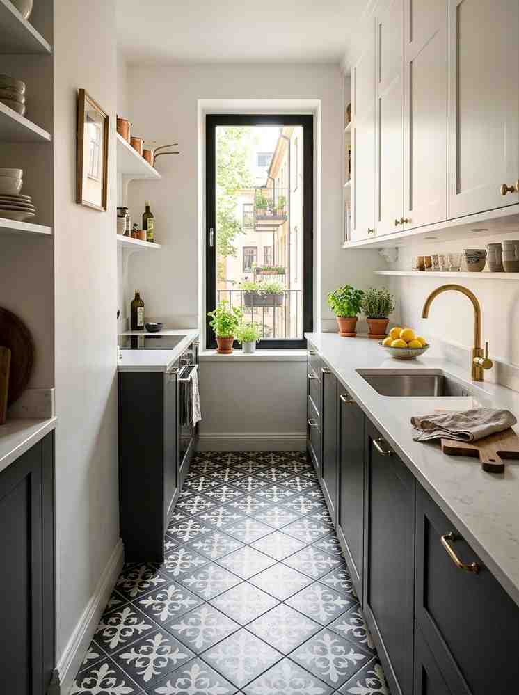 Galley kitchen with patterned fl 202606291448