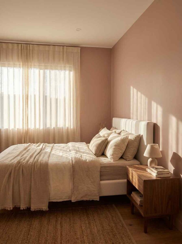 A serene girls bedroom with walls painted in a soft dusty blush pink, 