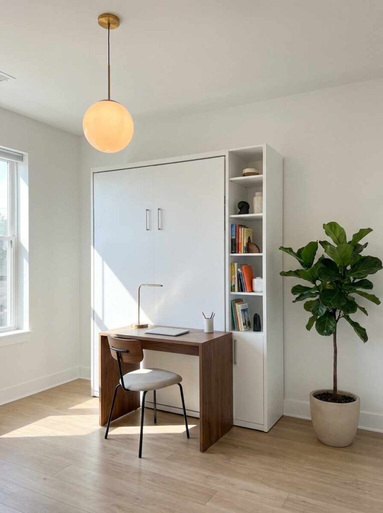 21 Small Bedroom Ideas 2026 White Murphy bed folded up in a small home office bedroom