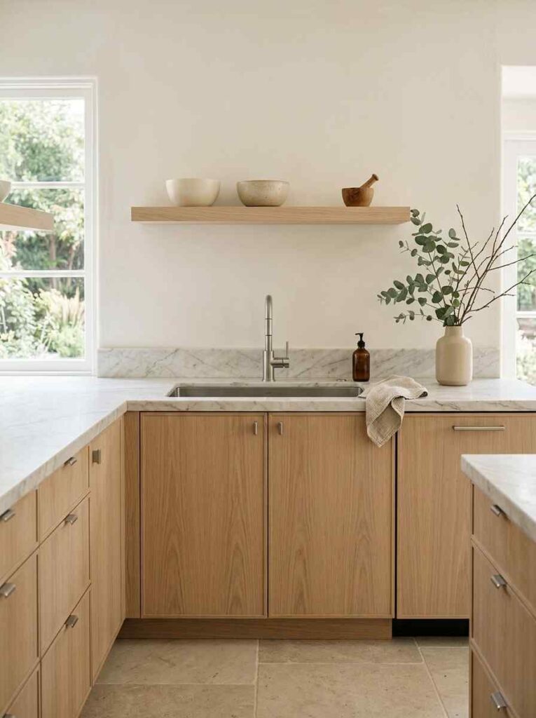 Japandi kitchen white oak cabinets minimalist kitchen ideas

