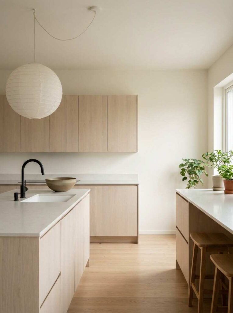 A Japandi-style kitchen with light white oak flat-panel cabinet doors, Shoji White walls,