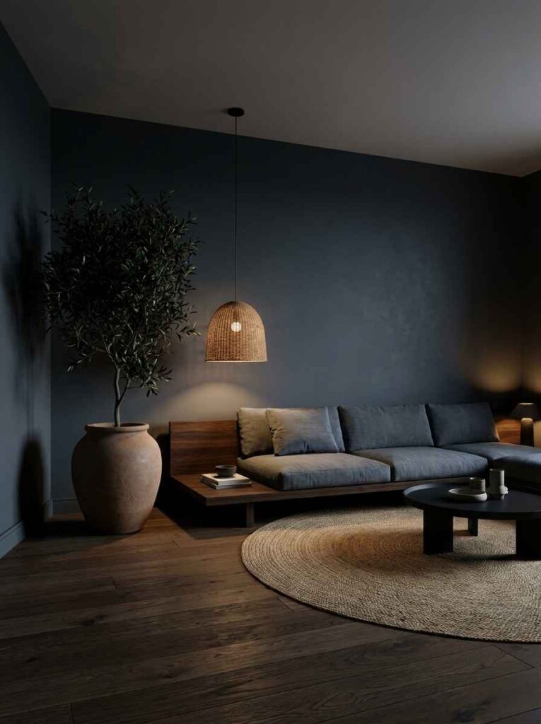 Japandi living room dark walls 202606242321