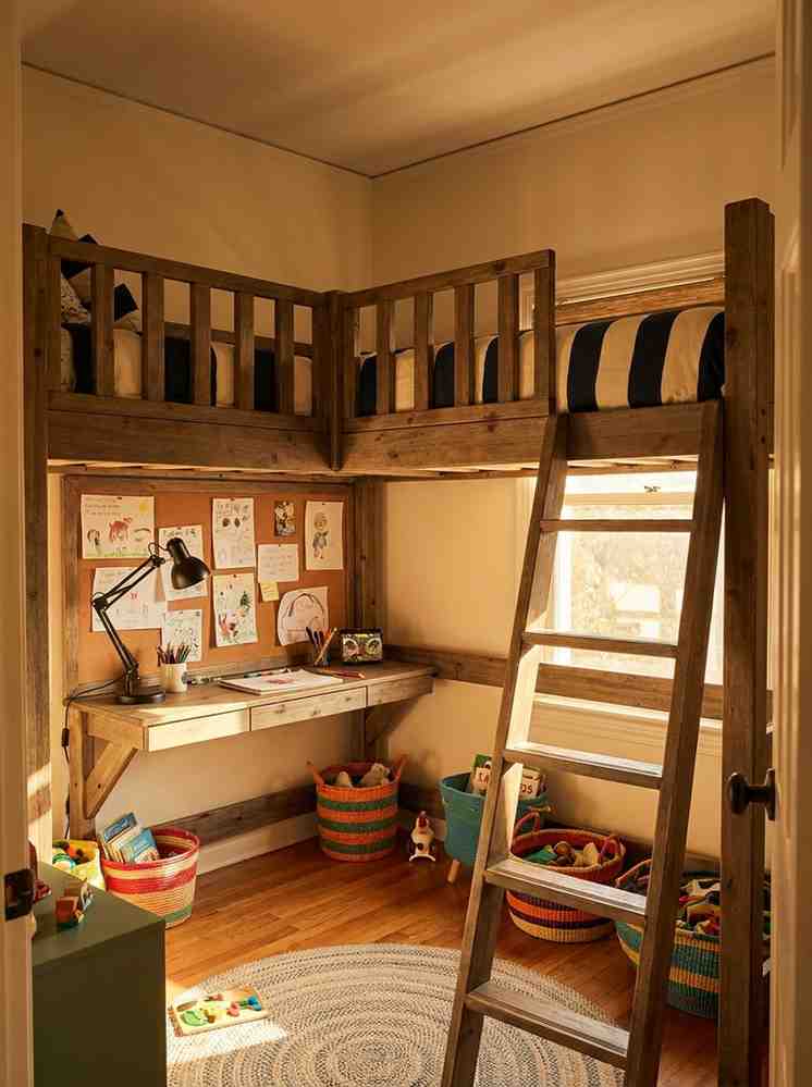 21 Small Bedroom Ideas 2026 Bunk bed with desk underneath in a small kids bedroom
