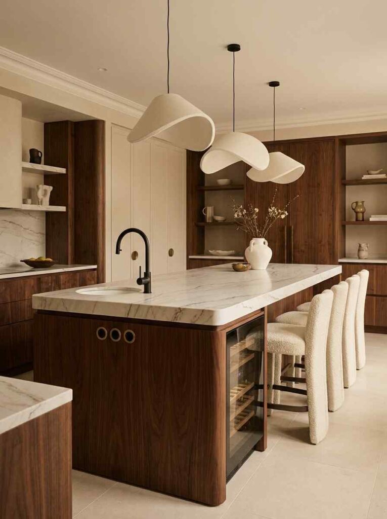 Kitchen Design Ideas 2026 Stunning large kitchen island in rich dark walnut with waterfall edges.