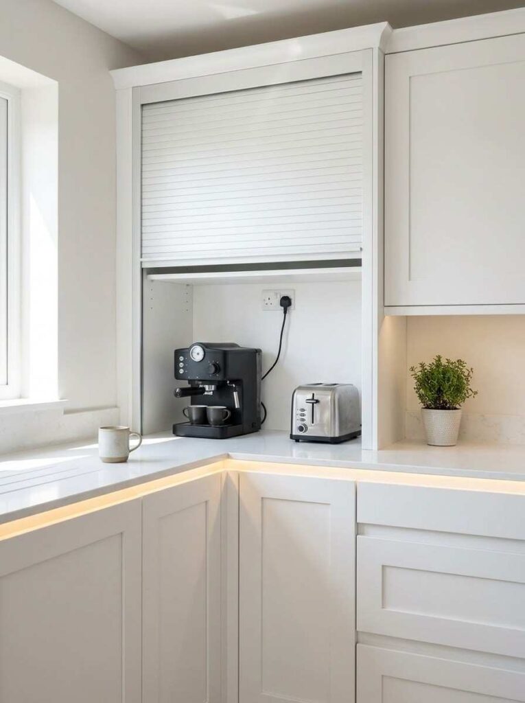 A small modern kitchen corner with a built-in appliance garage cabinet featuring a white roll-up tambour door, 