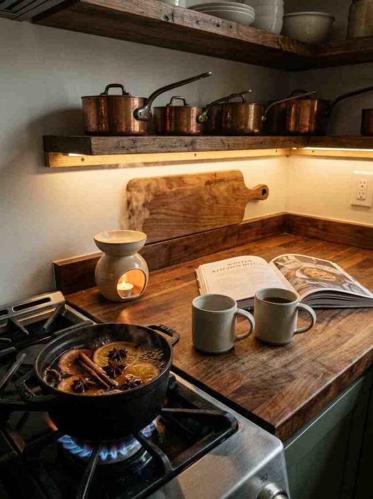 A warm hygge kitchen detail: a small cast-iron pot simmering with cinnamon sticks and orange slices on a gas burner, 