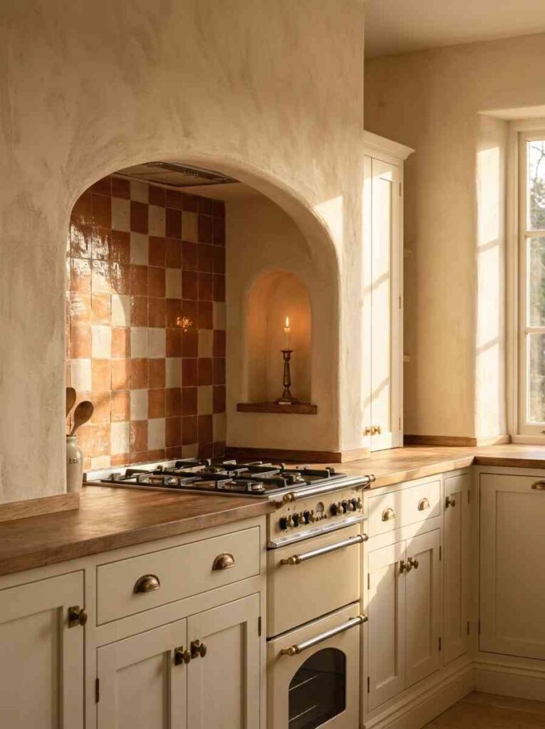 ,A warm kitchen interior with an arched plaster-textured niche above the stove, soft limewash plaster walls in warm cream,