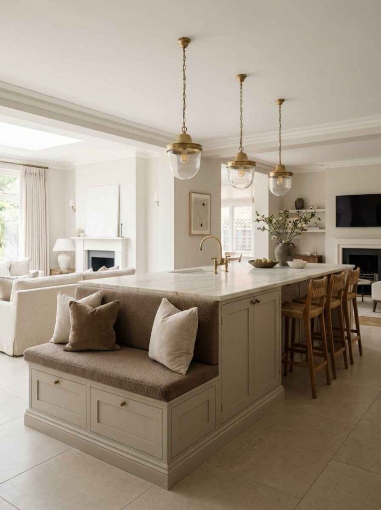 Kitchen Design Ideas 2026 Elegant kitchen island with integrated banquette seating built into one end