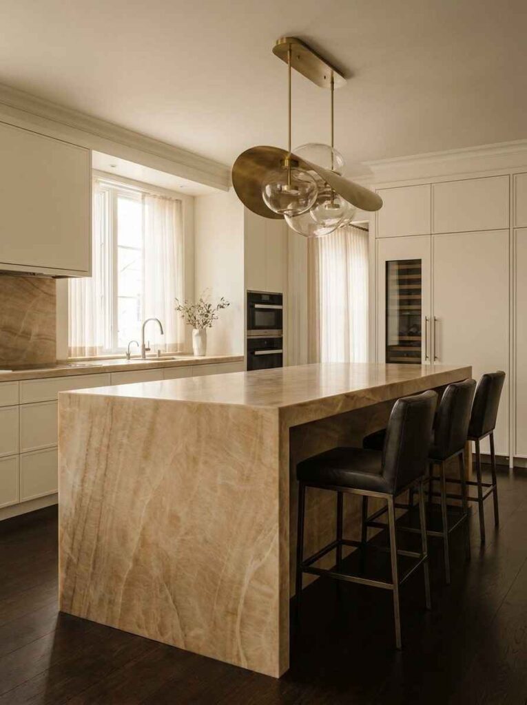A dramatic kitchen with a large monolithic island in Taj Mahal quartzite in warm honey tones with soft natural veining,