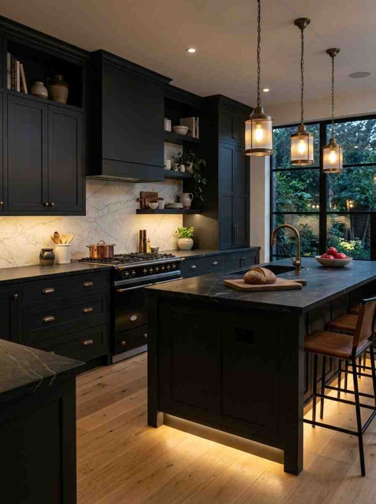Kitchen with charcoal cabinetry