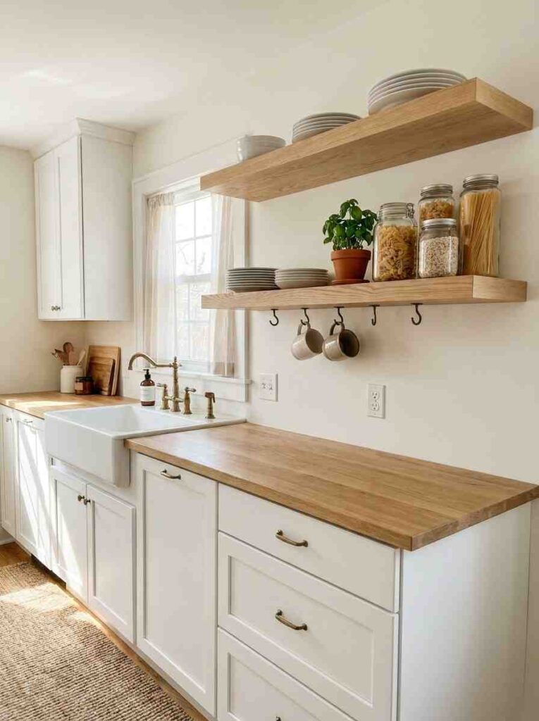 A small kitchen with white Shaker lower cabinets and base units