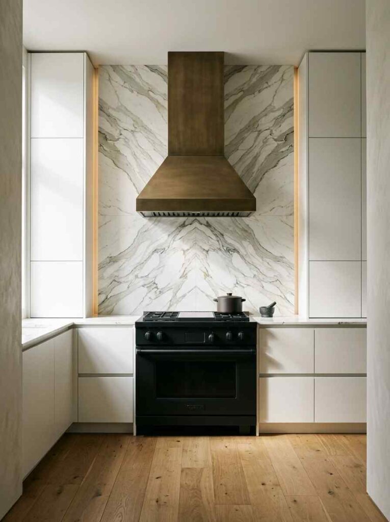 book-matched stone backsplash Neolith kitchen design ideas luxury
