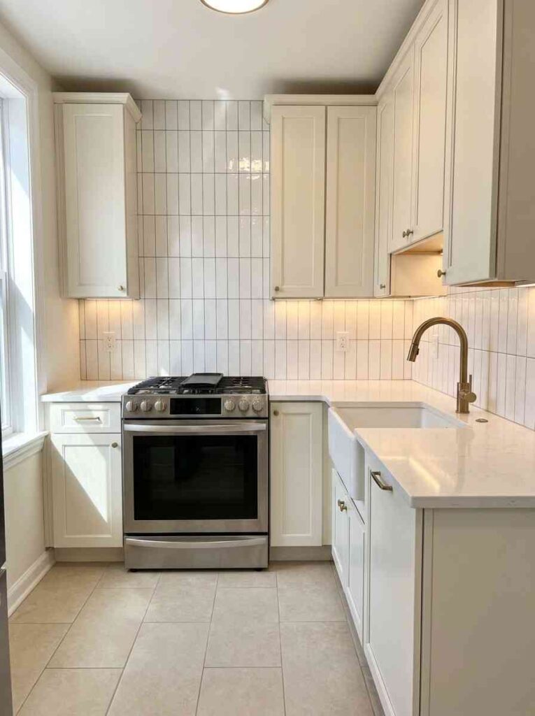 A small clean kitchen with elongated 4x12 inch glossy white subway tiles installed vertically