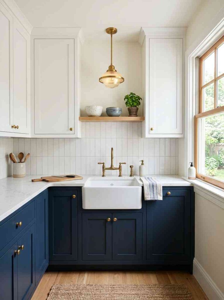 A small kitchen with two-tone cabinets, deep navy blue Shaker lower cabinets 