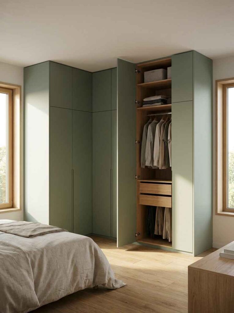 An L-shaped bedroom wardrobe wrapping two walls of a corner room. 
