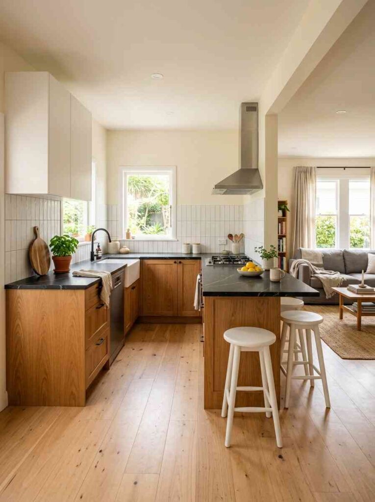 A bright small L-shaped kitchen opening into a light-filled living room,