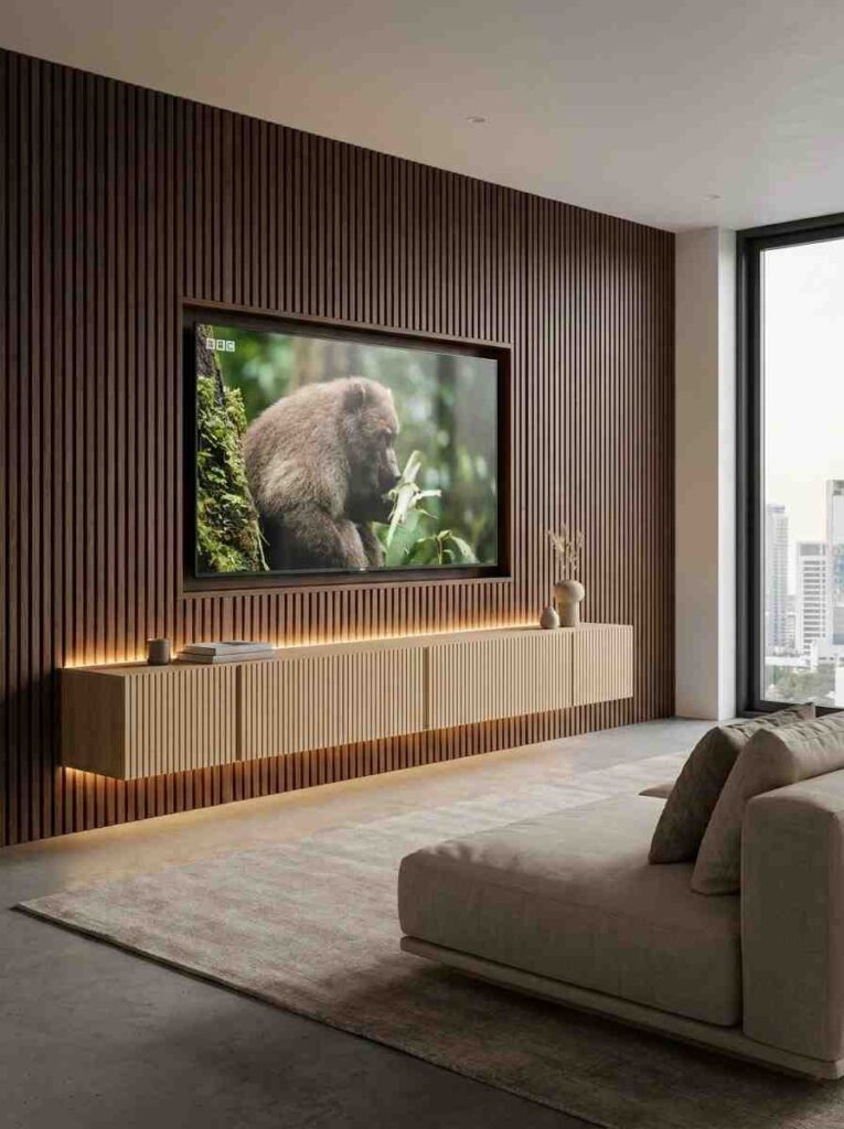 22 Living Room Ideas 2026 Modern living room TV wall with wood slat paneling