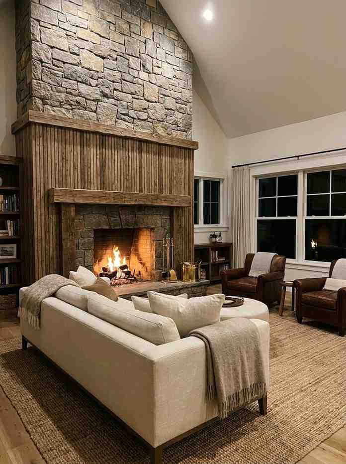 22 Living Room Ideas 2026 Stone fireplace feature wall in living room