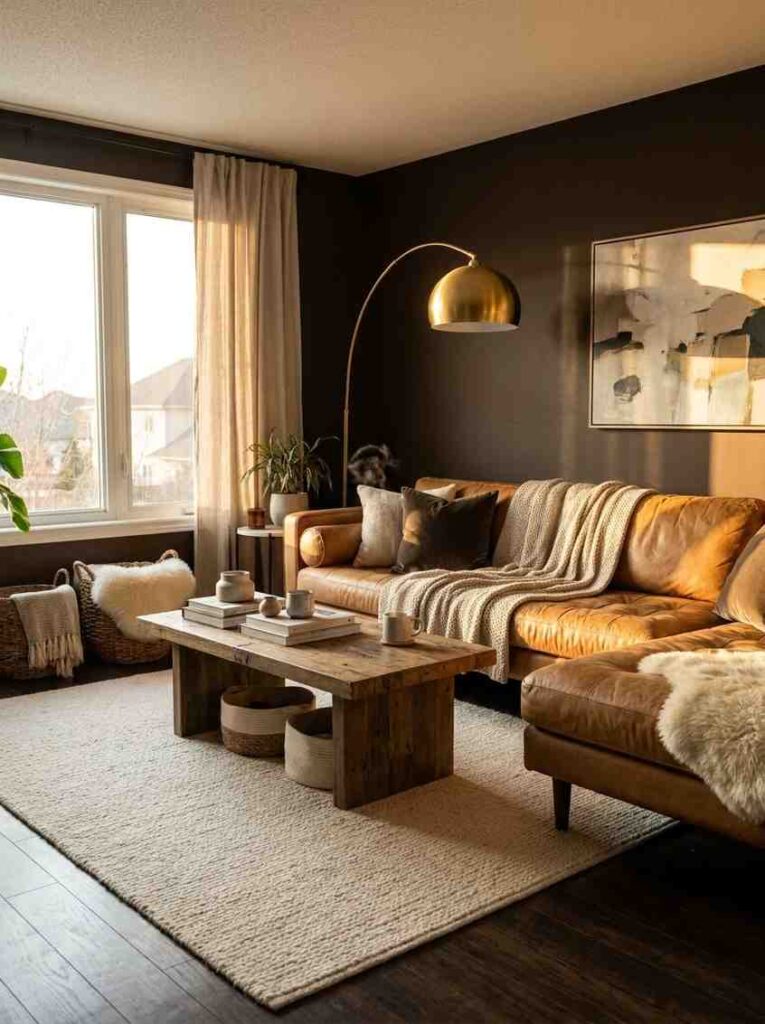 22 Living Room Ideas 2026 Espresso brown living room with leather sofa