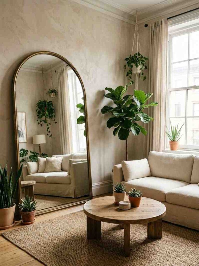 22 Living Room Ideas 2026 Oversized arched mirror in small living room