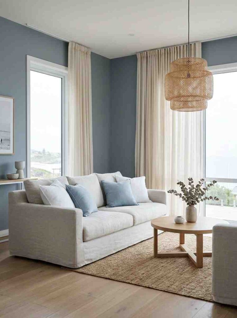 Living room with blue gray walls 202606242324