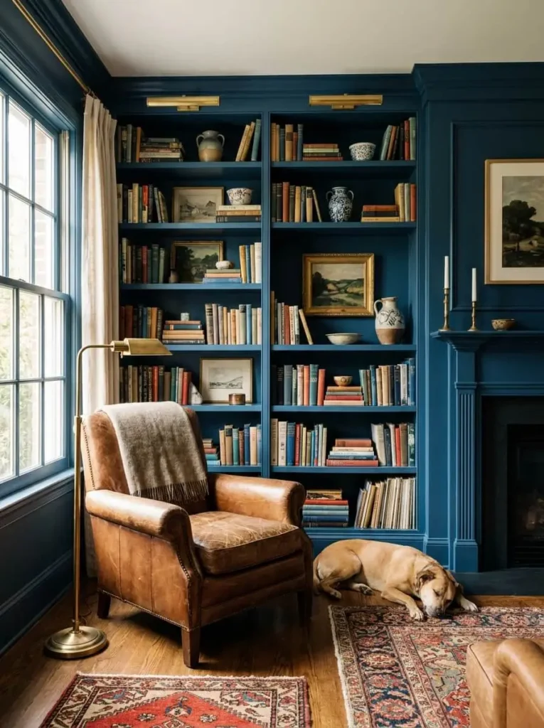 22 Living Room Ideas 2026 Built-in bookshelf library wall in cozy living room