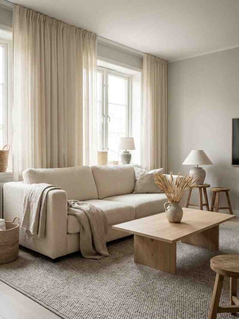 Living room with boucl sofa 202606242322