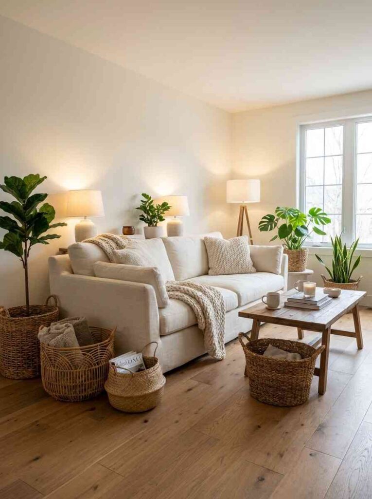 22 Living Room Ideas 2026 Warm white living room in Sherwin-Williams Alabaster