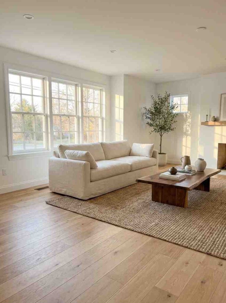A bright living room with crisp white walls, wide-plank natural white oak flooring with visible wood grain,