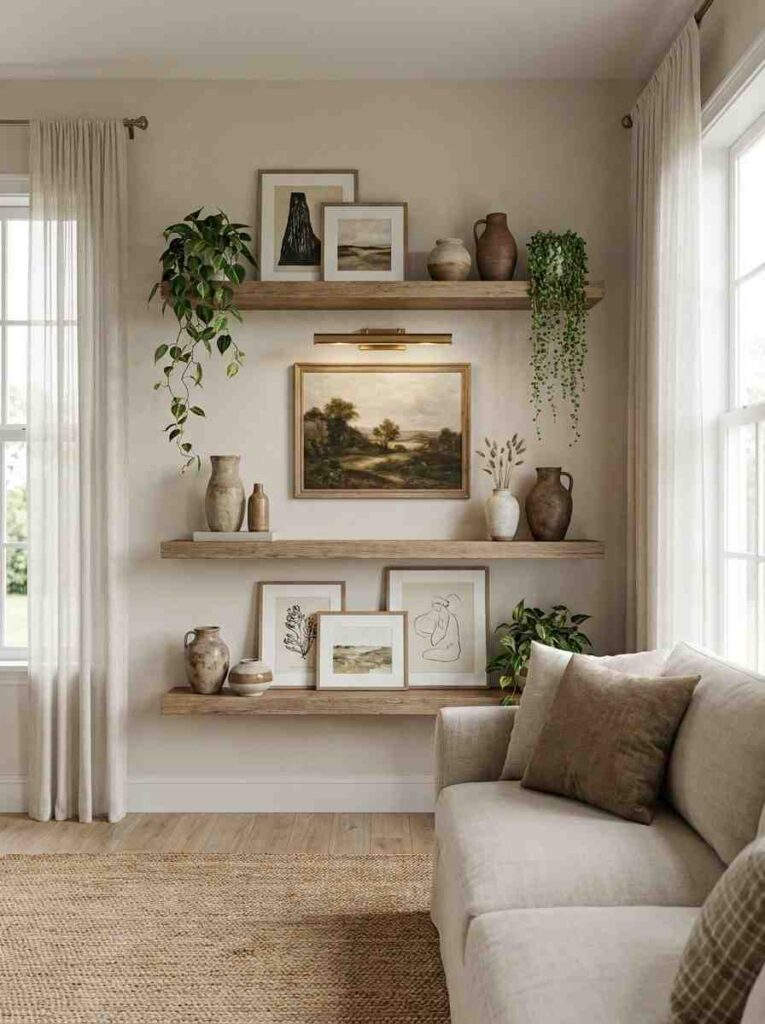 22 Living Room Ideas 2026 Floating oak shelves with wall art in living room