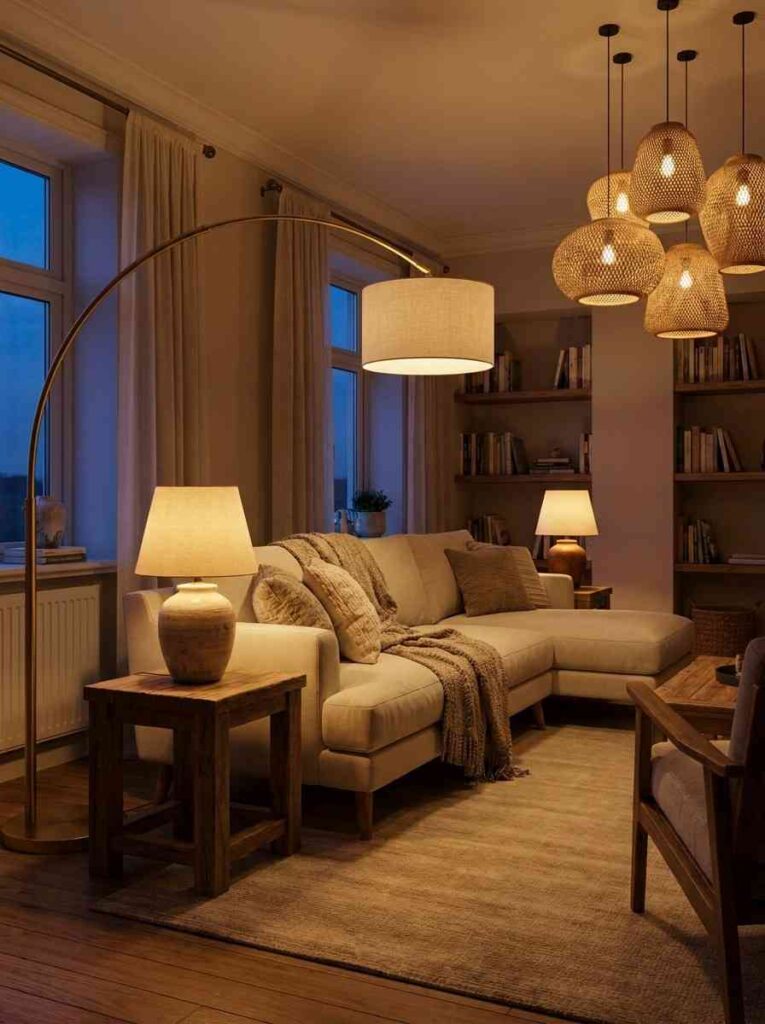 22 Living Room Ideas 2026 Layered living room lighting with brass floor lamp