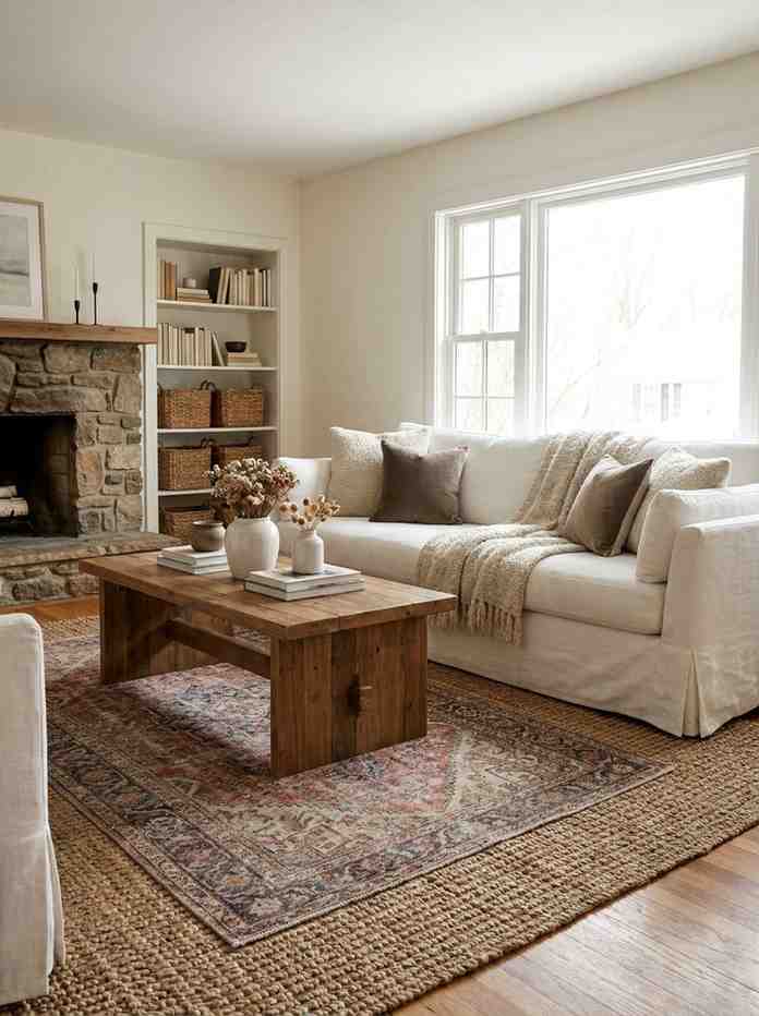 White living room with an unlacquered brass floor lamp beside a cream sofa, warm golden light glow, 