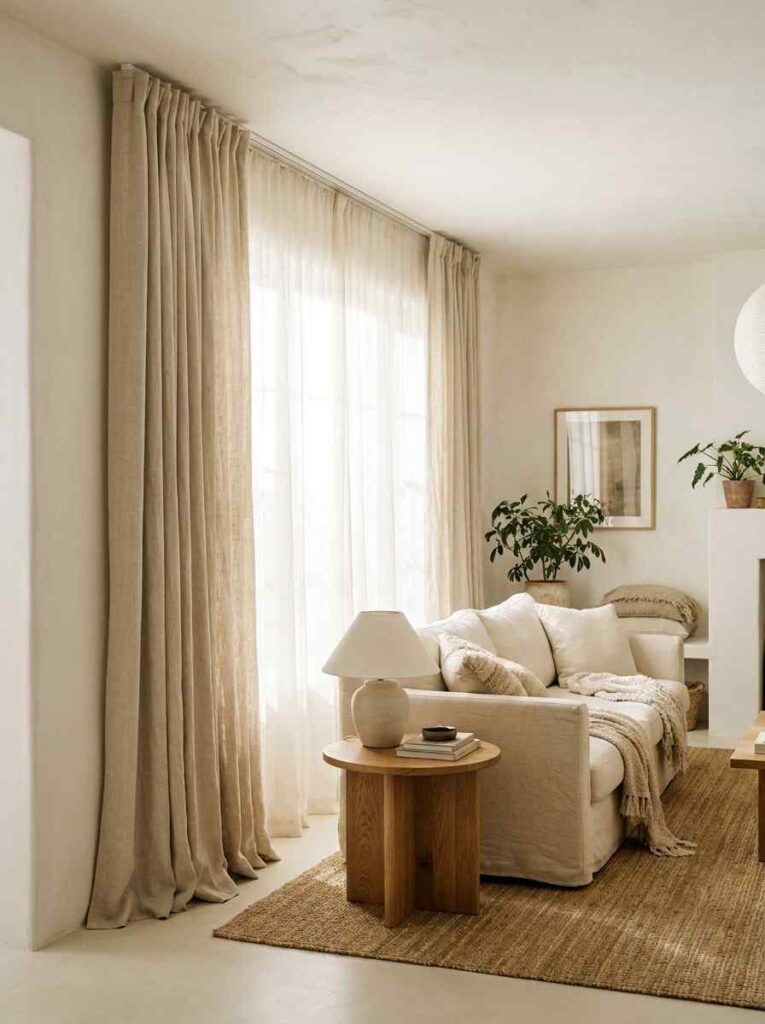 22 Living Room Ideas 2026 Floor-length linen curtains in bright living room