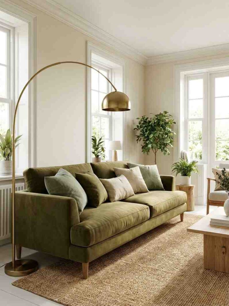 22 Living Room Ideas 2026 Olive green living room with sage velvet sofa