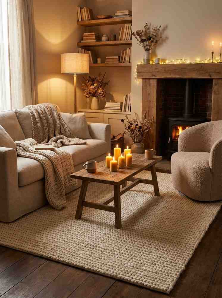 22 Living Room Ideas 2026 Cozy living room with layered rugs and knit throws