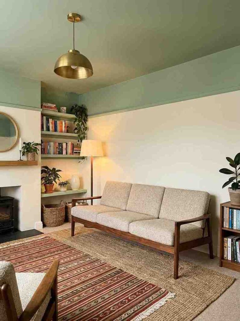22 Living Room Ideas 2026 Sage green color-capped ceiling living room idea