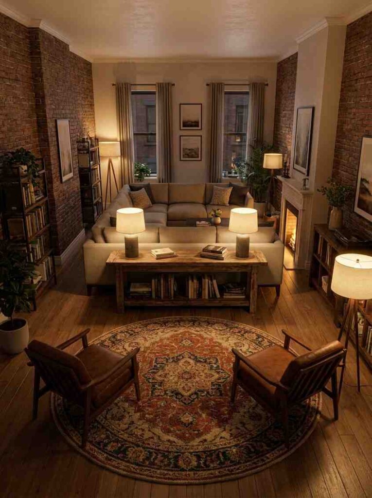 22 Living Room Ideas 2026 Narrow living room layout with floated furniture