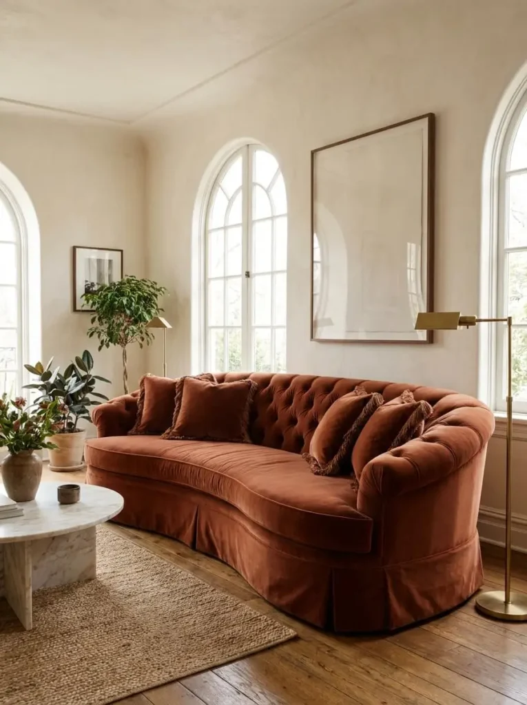 22 Living Room Ideas 2026 Curved tufted velvet sofa in terracotta living room