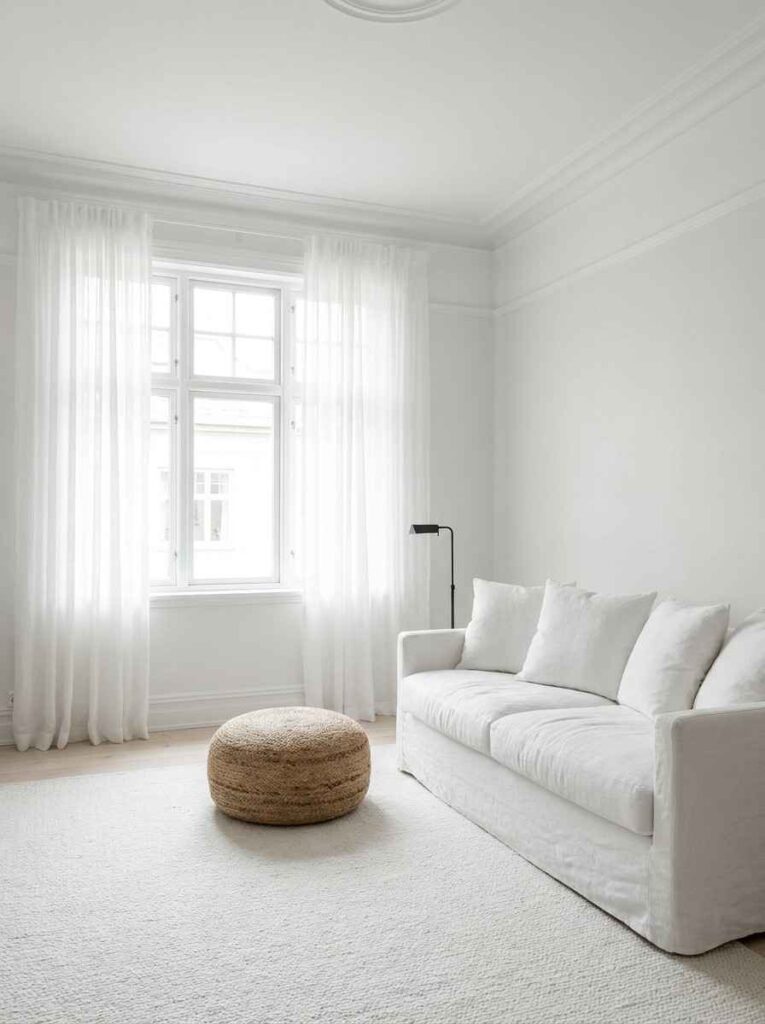 Bright living room with subtly layered white tones on trim,